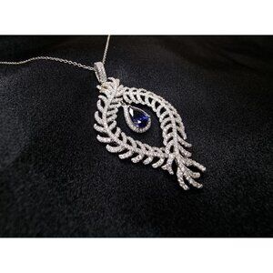 Elegant 925 Sterling Silver BYJ Signed Necklace With Leaf Design Pendant & Sapph
